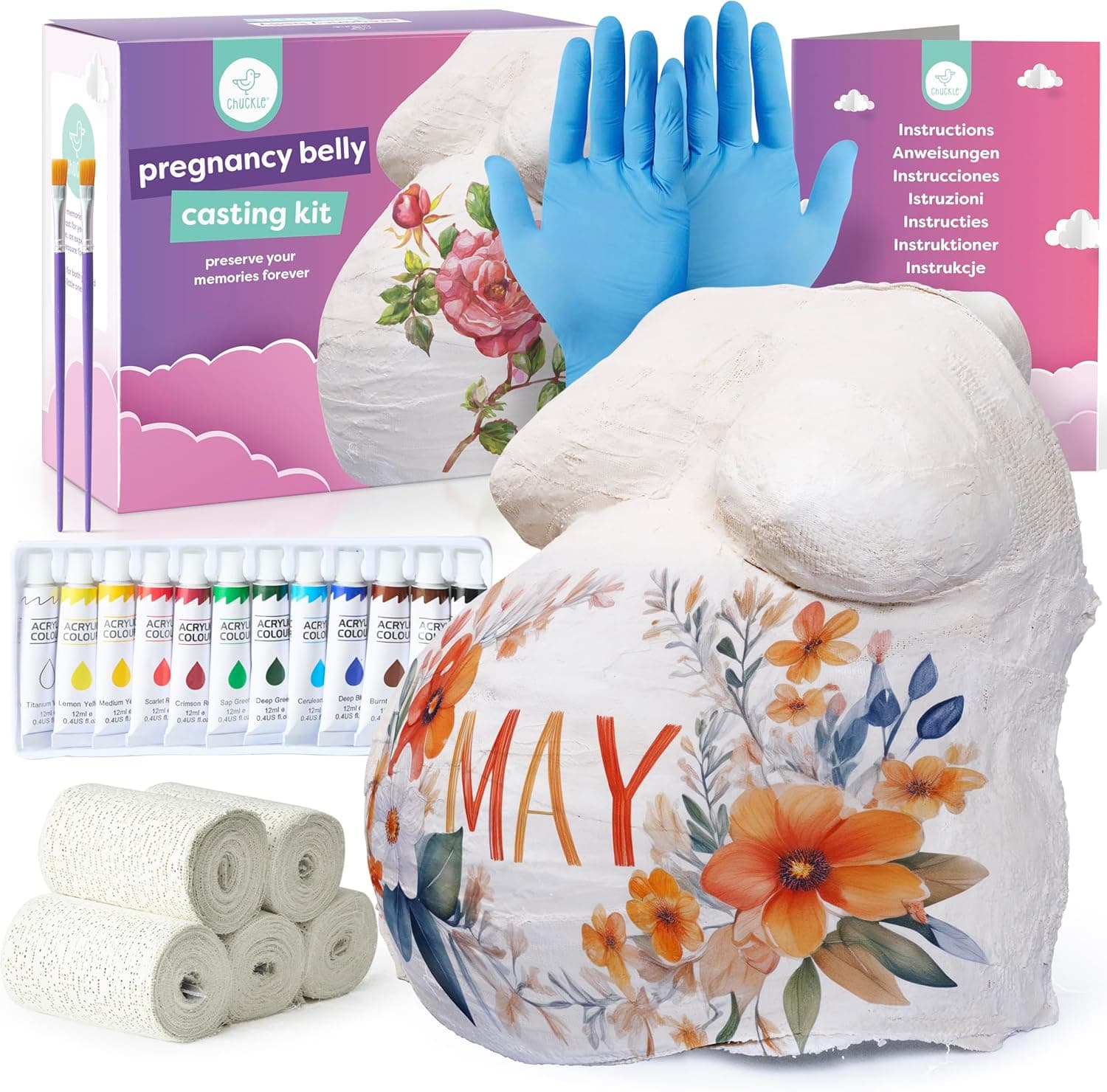 Caja del kit con las vendas de yeso enrolladas, los botes de pintura, el pincel y un molde ya pintado con flores y un nombre