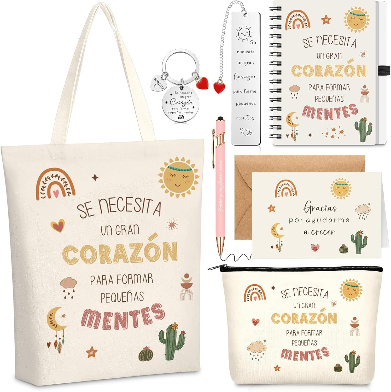 Bolsa tote de lona floral con el mensaje "Se necesita un gran corazón para formar pequeñas mentes", junto a un neceser, un cuaderno, un llavero, un marcapáginas y una tarjeta con sobre a juego