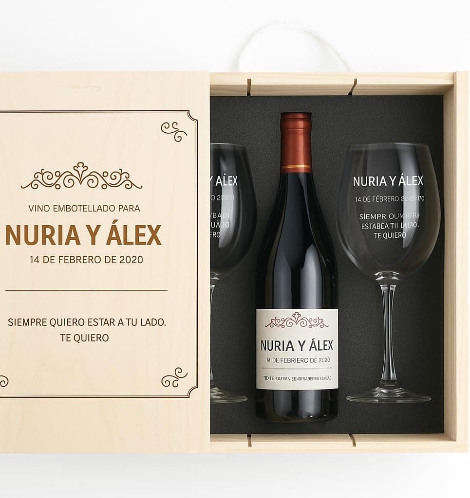 Kit de vino con copas y caja de madera grabada