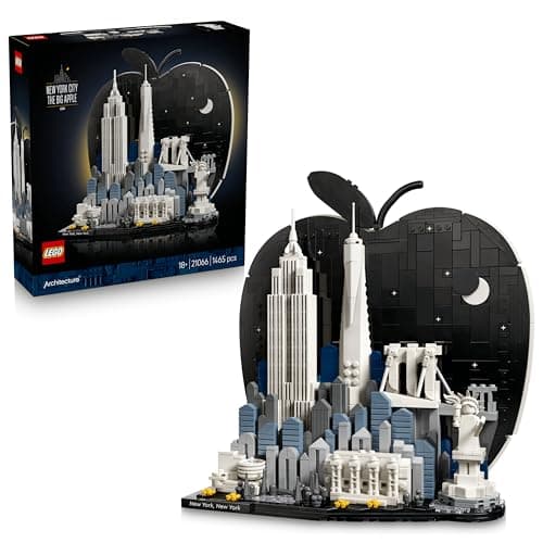 Maqueta LEGO con la silueta de seis monumentos de Nueva York en blanco