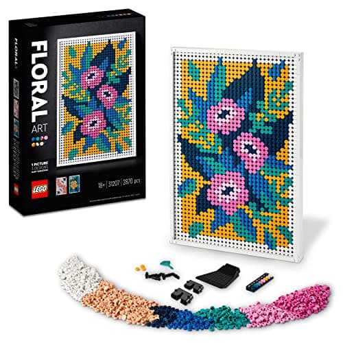 Mosaico LEGO de un cuadro floral con marco blanco de ladrillos