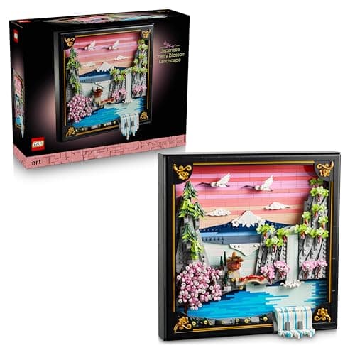 Maqueta LEGO en relieve de un paisaje japonés con el monte Fuji y cerezos en flor