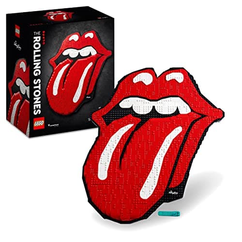 Mosaico LEGO del logo de la lengua de The Rolling Stones montado en la pared