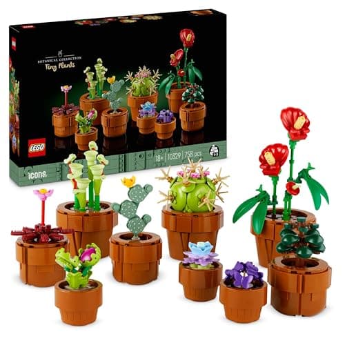 Nueve mini plantas LEGO en macetas de terracota, de especies áridas, tropicales y carnívoras