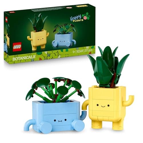 Dos plantas LEGO en macetas amarilla y rosa, dracena de pie y pilea sentada