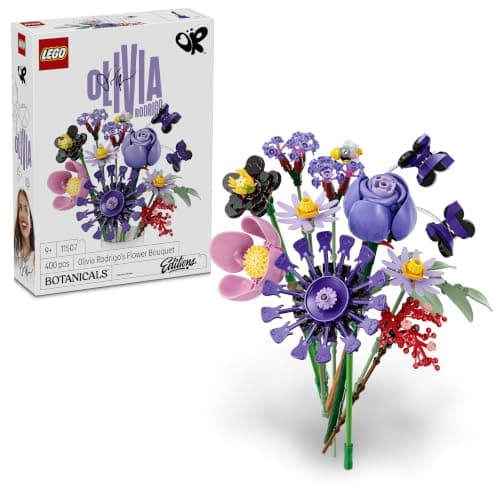 Ramo LEGO de flores en tonos morados con detalles inspirados en Olivia Rodrigo