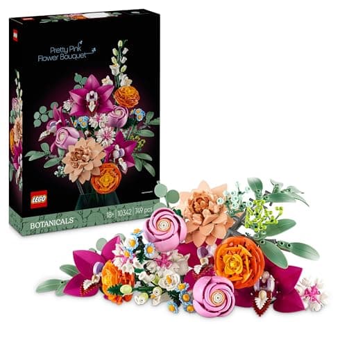 Ramo LEGO de flores en tonos rosas con margaritas, rosas y ranúnculos artificiales
