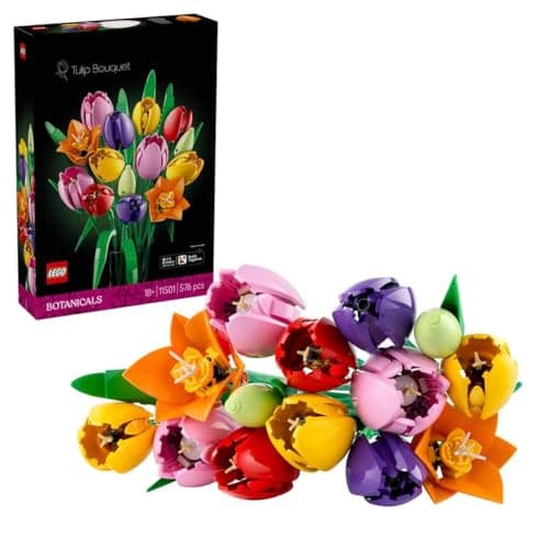 Ramo LEGO de tulipanes en varios colores y etapas de floración, desde capullo hasta flor abierta