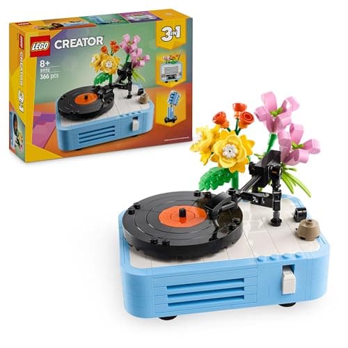 LEGO Creator 3 en 1 montado como tocadiscos vintage con plato y brazo móviles
