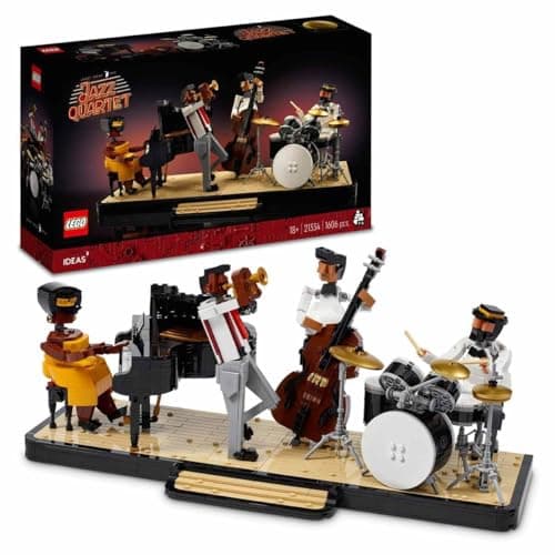 Cuarteto de jazz LEGO con cuatro músicos y sus instrumentos sobre un escenario