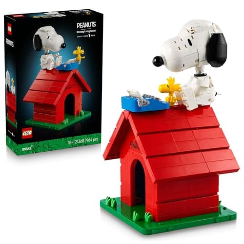 Caseta LEGO de Snoopy con Woodstock encima, de la tira cómica Peanuts