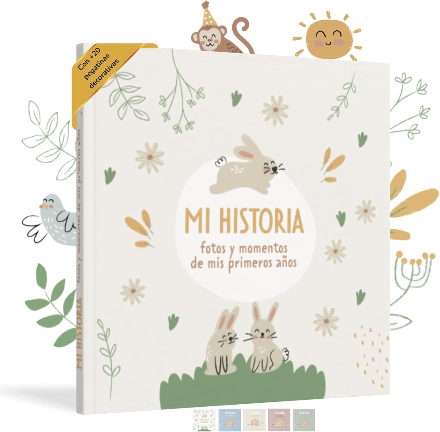 El libro de recuerdos apoyado junto a un bebé dormido, con la lista de apartados que incluye