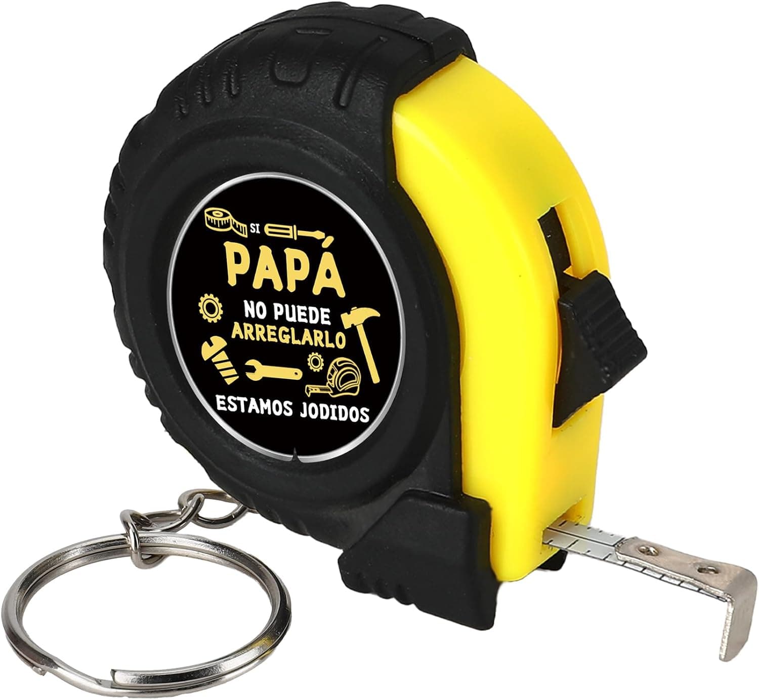 Llavero cinta métrica amarillo y negro con la placa grabada "Si Papá no puede arreglarlo, estamos jodidos" y una cinta métrica retráctil con doble escala