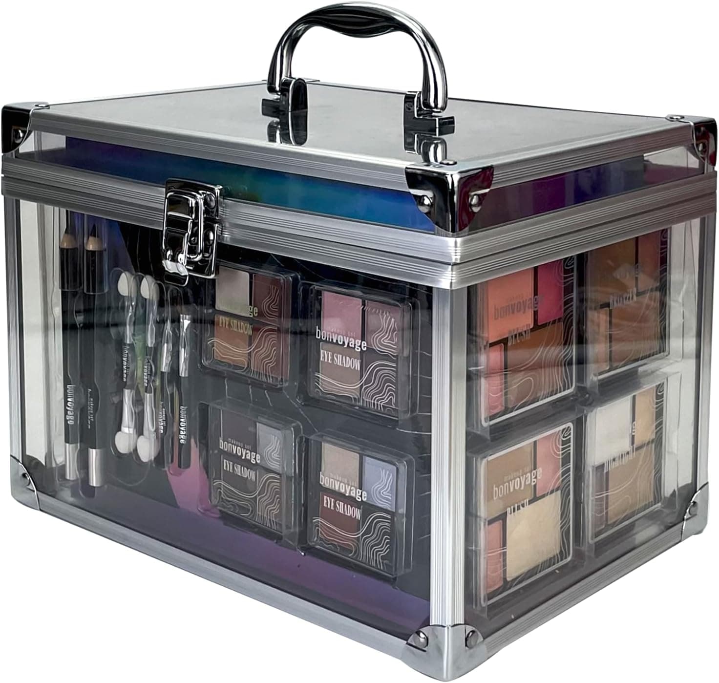 Maletín transparente con todo el maquillaje visible desde fuera