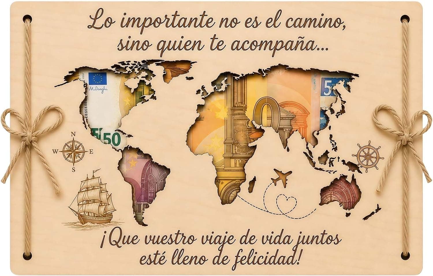 Tarjeta de madera con mapa mundial para regalo de dinero de boda