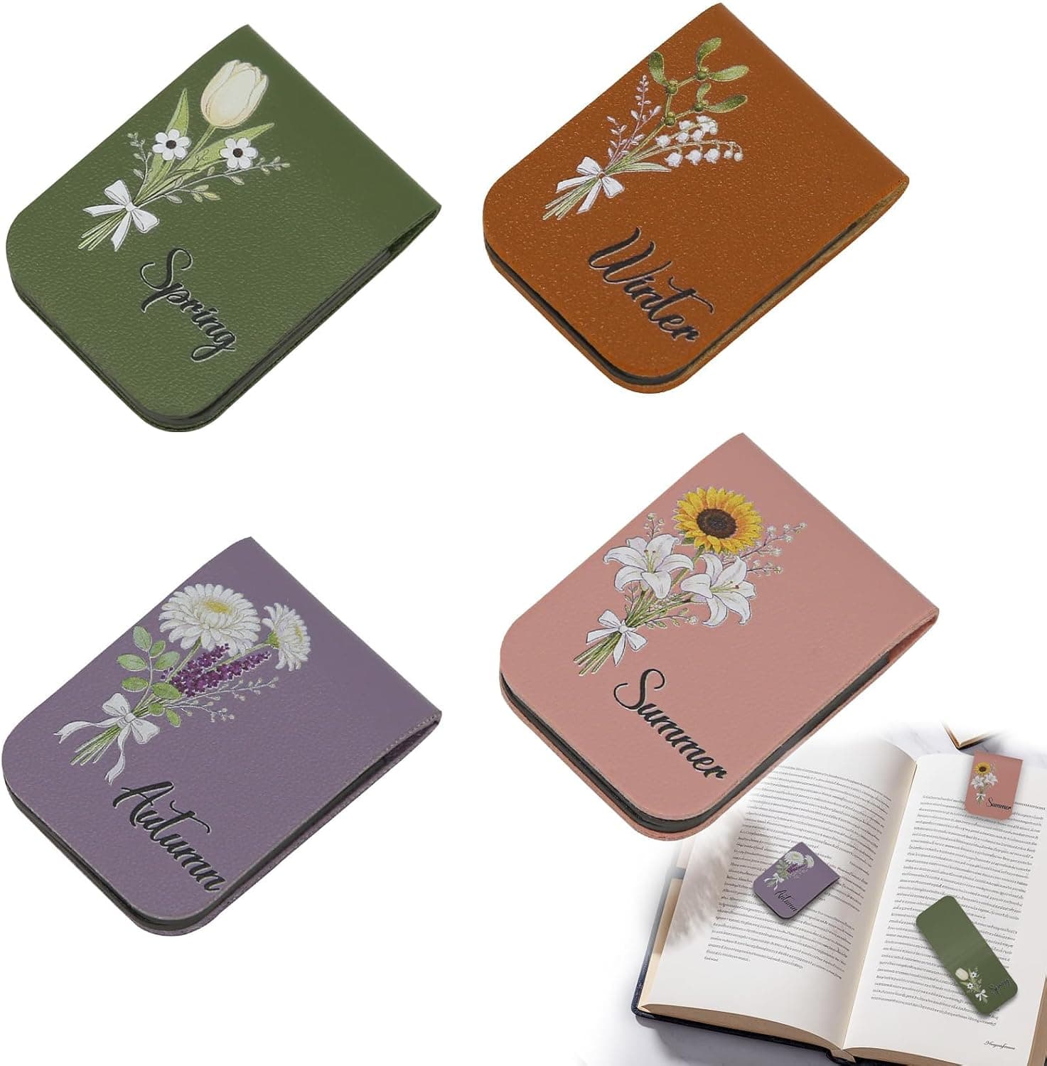 Set de cuatro marcapáginas de cuero con motivos florales