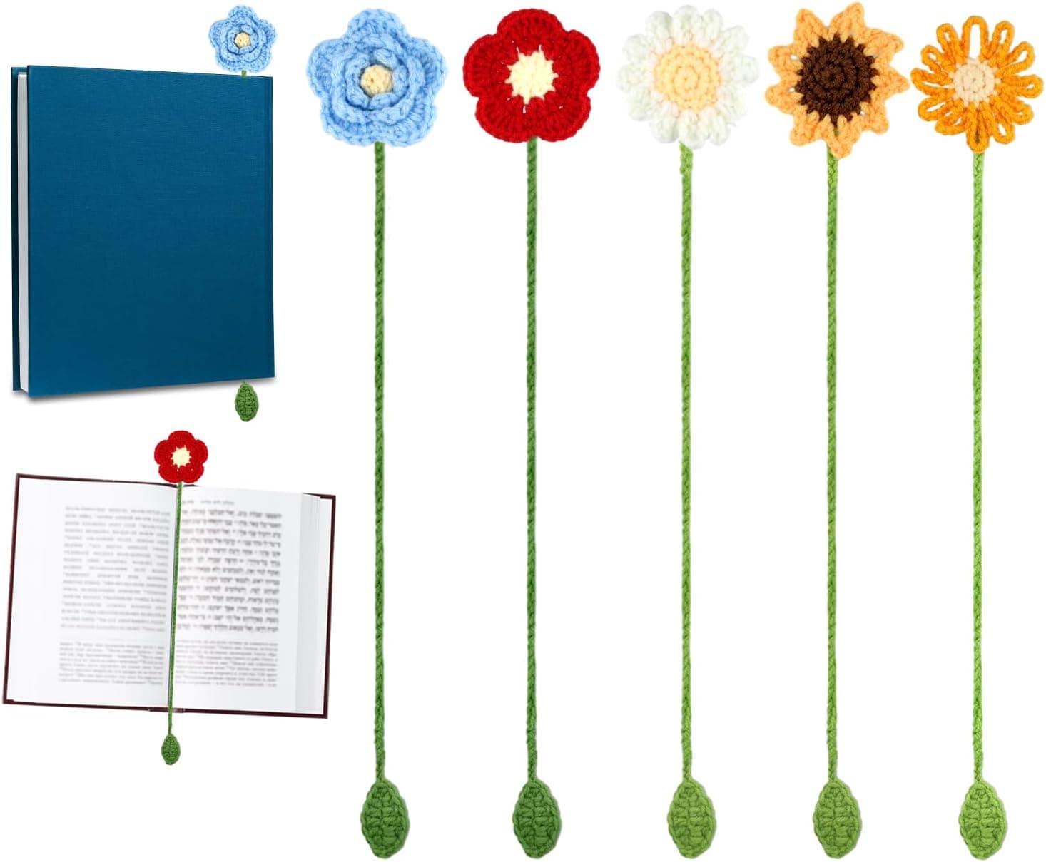 Cinco marcapáginas de ganchillo con flores distintas (azul, roja, blanca, girasol y naranja) sobre tallos largos de hilo verde