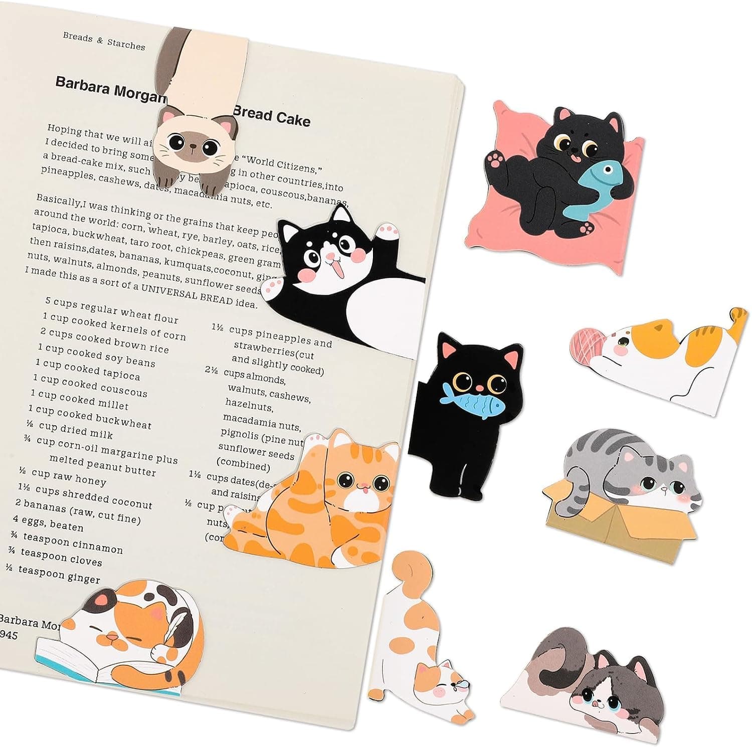 Marcapáginas magnéticos con distintos diseños de gatos sobre un libro abierto
