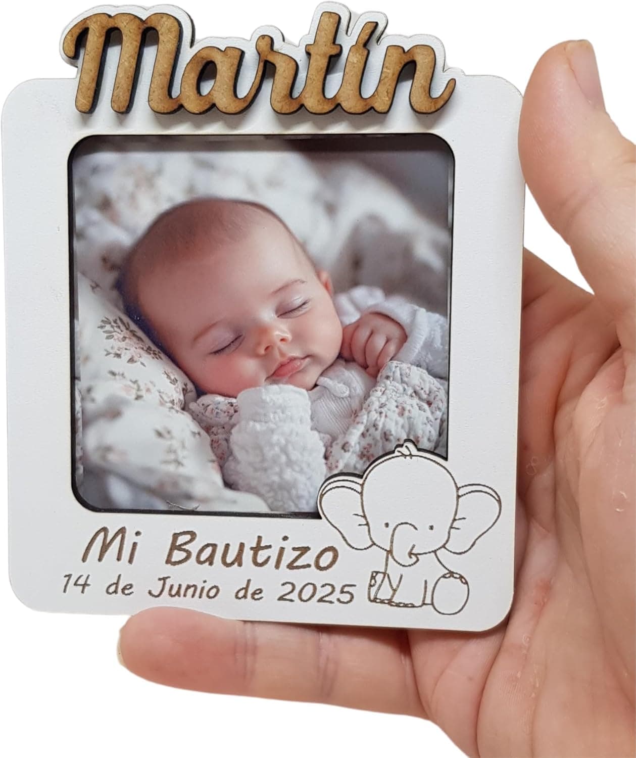 Marco de fotos pequeño con imán, personalizado con el nombre del bebé y la fecha del bautizo