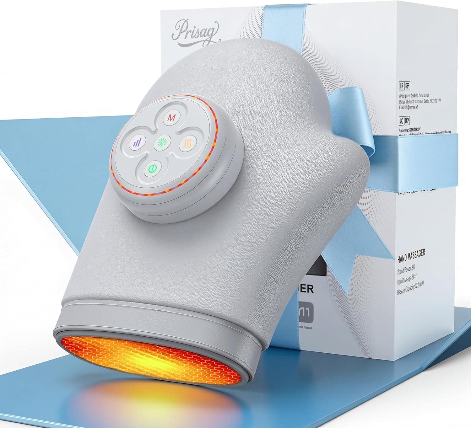 Masajeador gris con forma de guante grueso, con los botones de control arriba y el interior iluminado en naranja por el calor