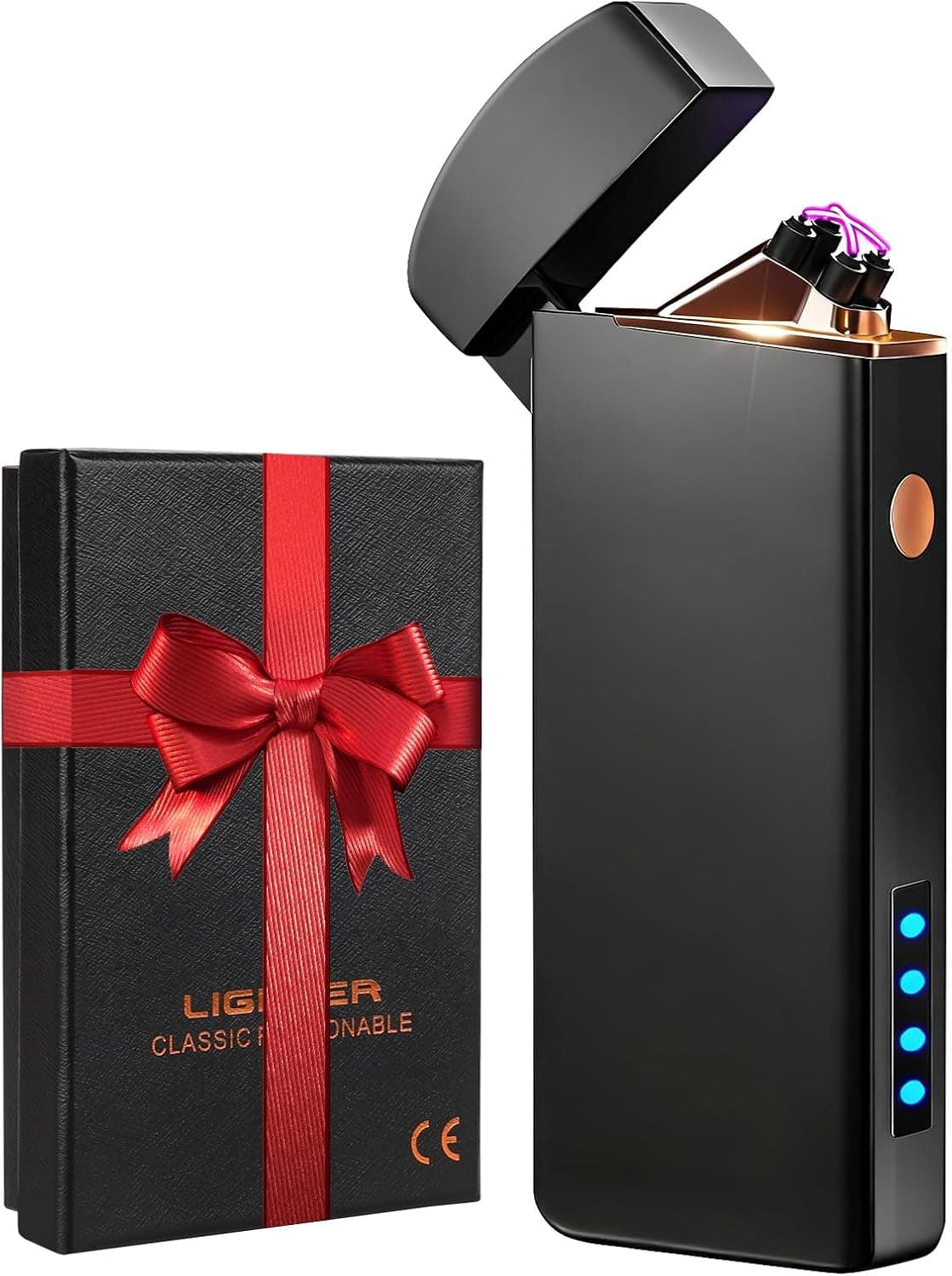 El mechero negro mate abierto, con los dos arcos de plasma violeta encendidos entre los electrodos y los cuatro puntos azules de batería, junto a su caja de regalo con lazo rojo