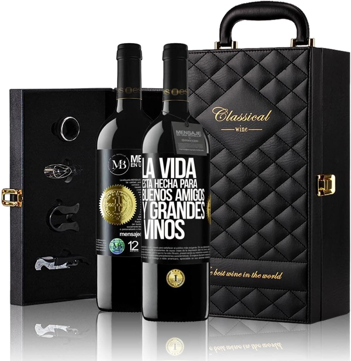 Maletín negro acolchado abierto con dos botellas de vino y los accesorios