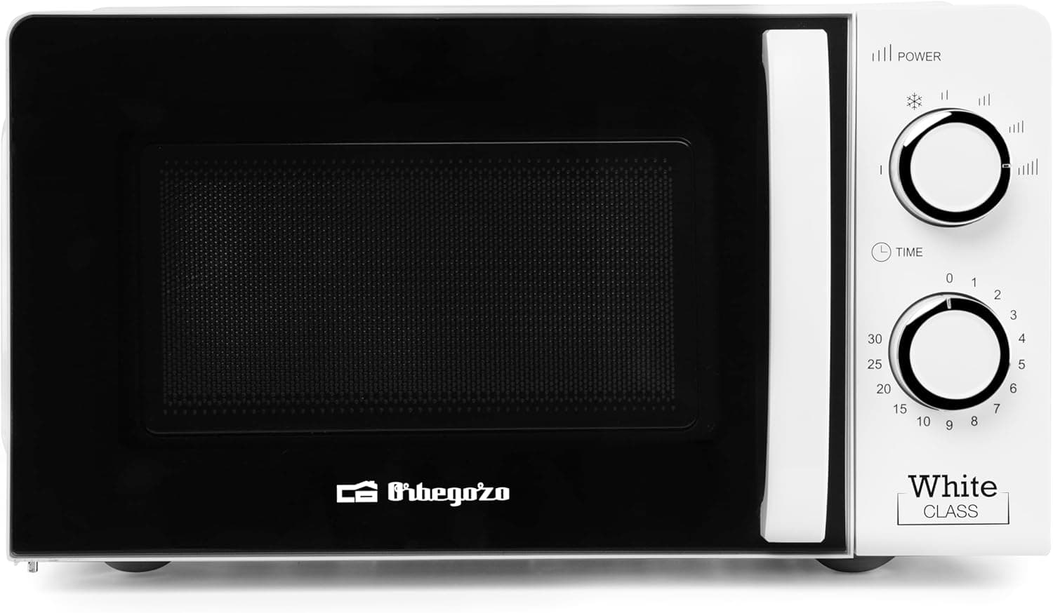 Microondas Orbegozo blanco con panel de botones y plato giratorio