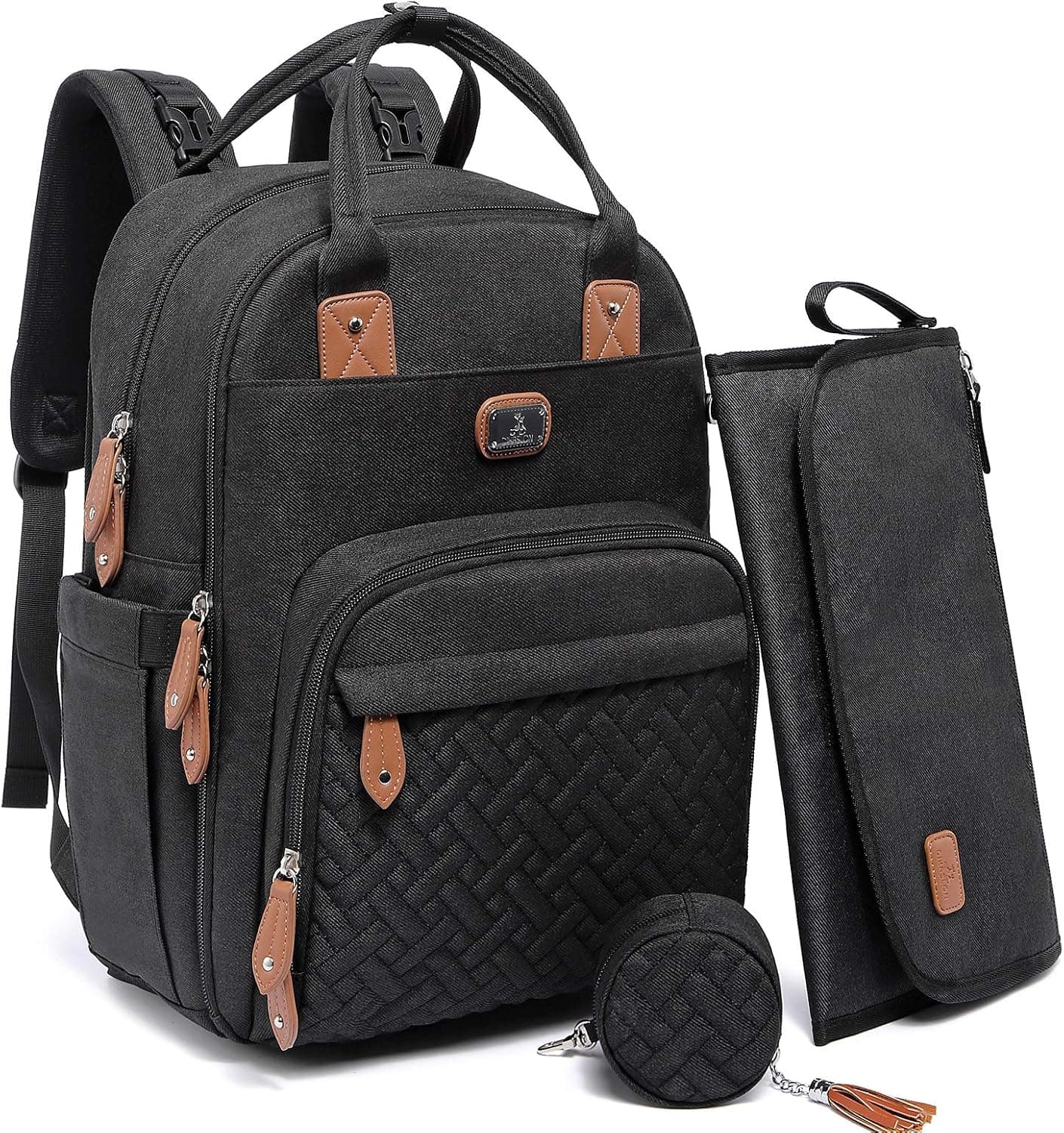 Mochila pañalera gris con múltiples compartimentos y correas para colgar del cochecito