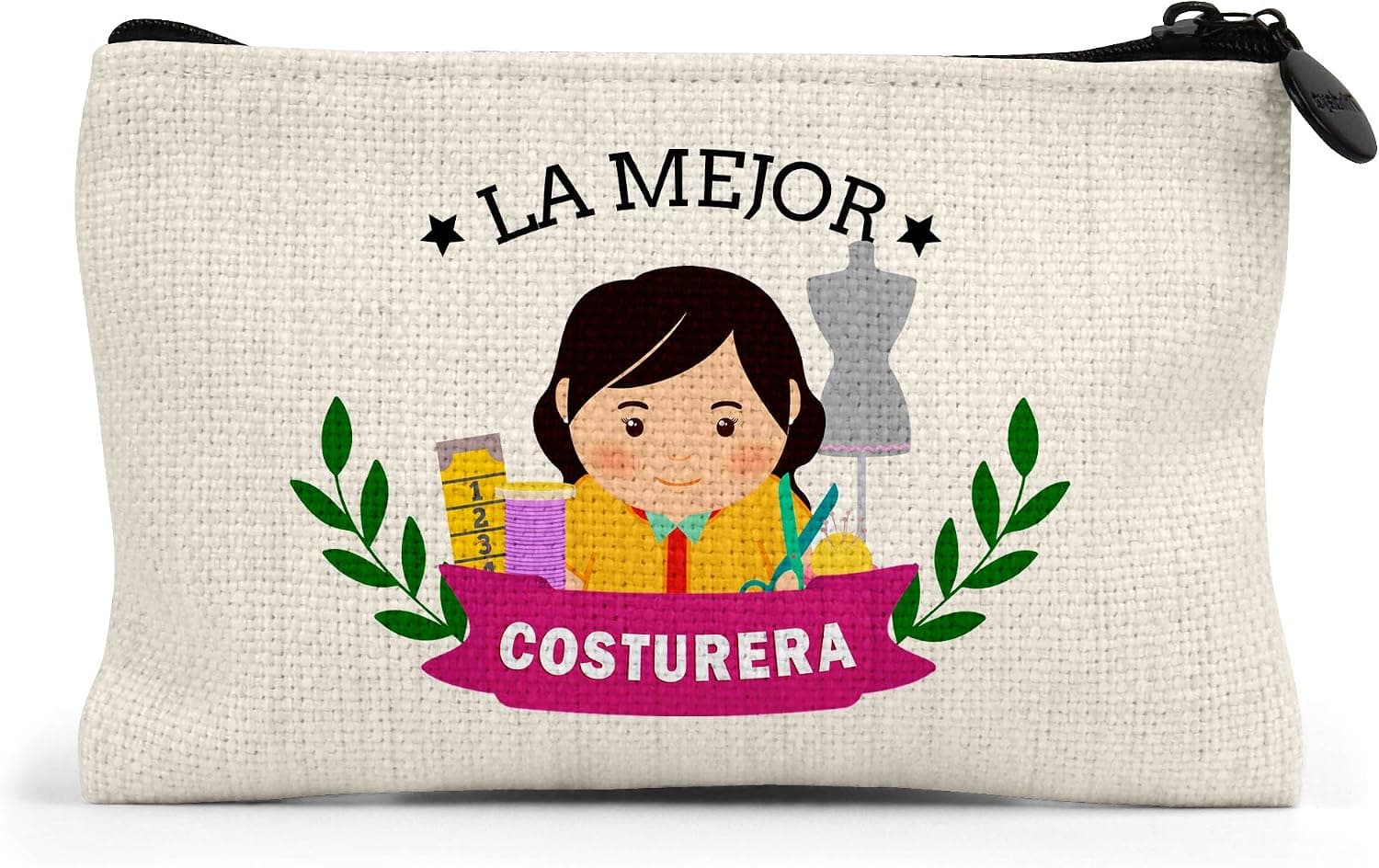 Monedero de lino con cierre de cremallera y estampado de máquina de coser
