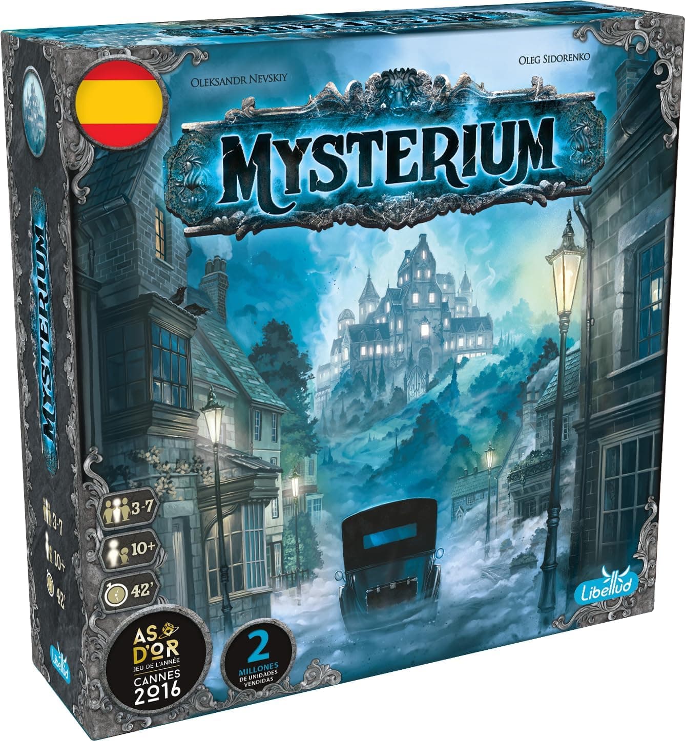 Caja de Mysterium de Asmodee con la ilustración de una mansión encantada y un fantasma