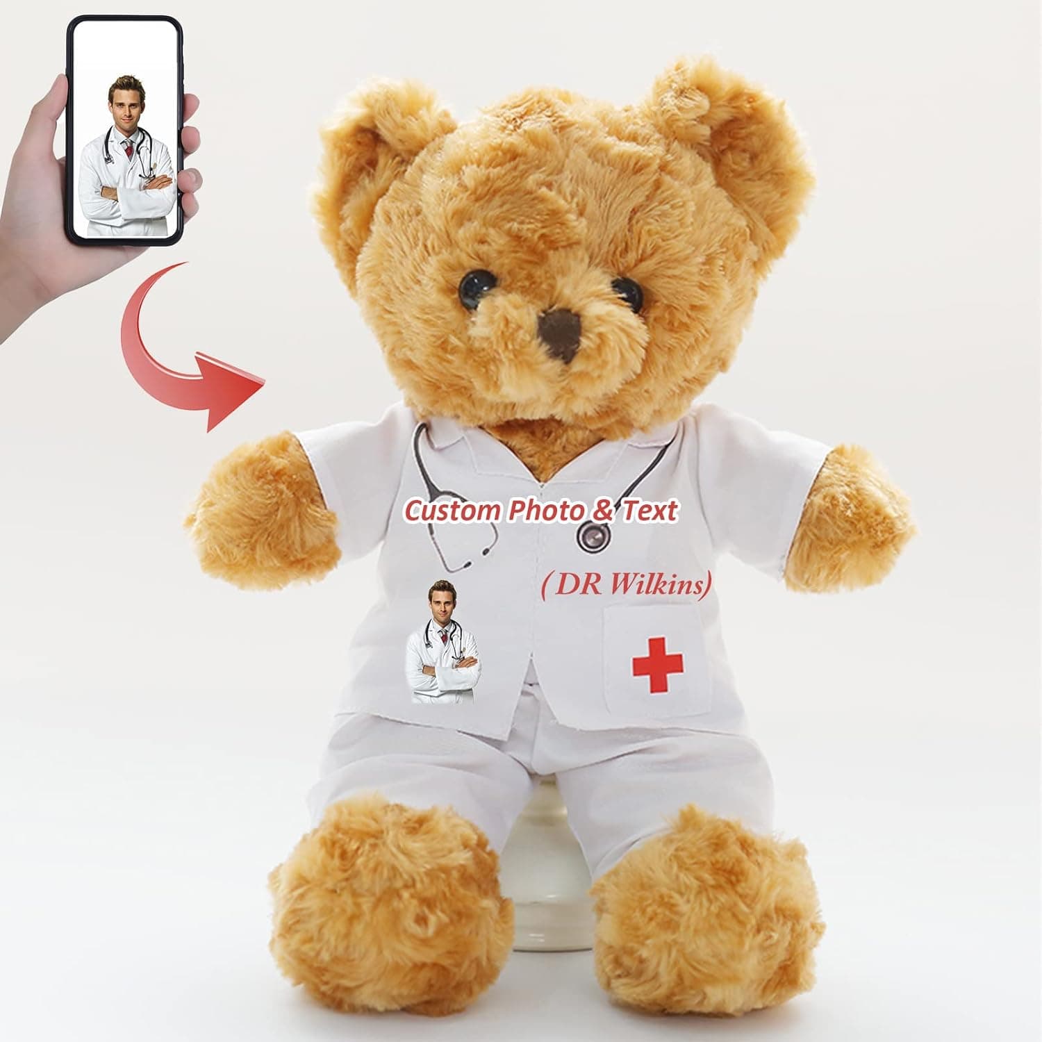 Osito de peluche personalizado de 20 cm con foto y texto en la ropa