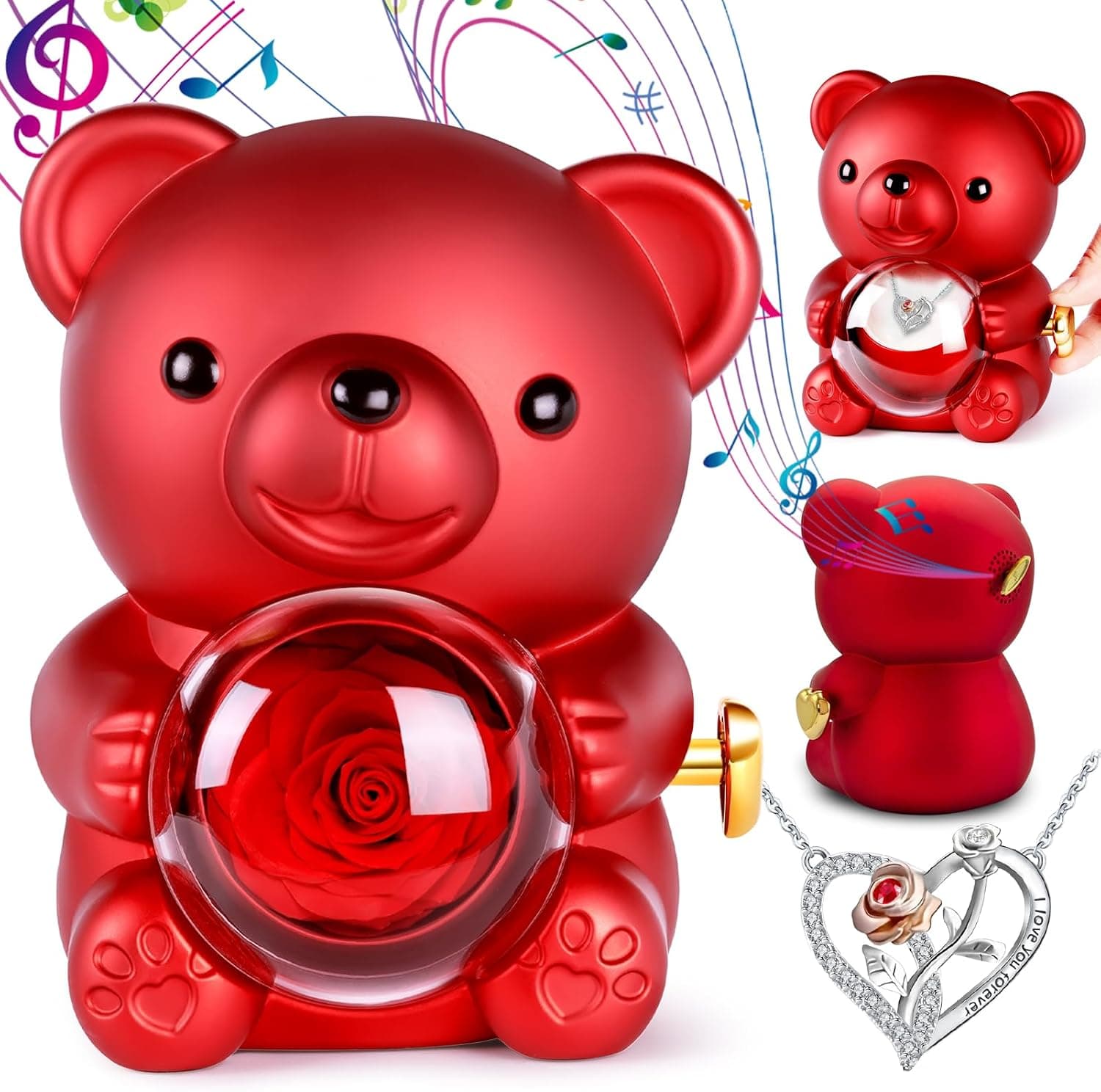 Osito de peluche con corazón giratorio y rosa eterna