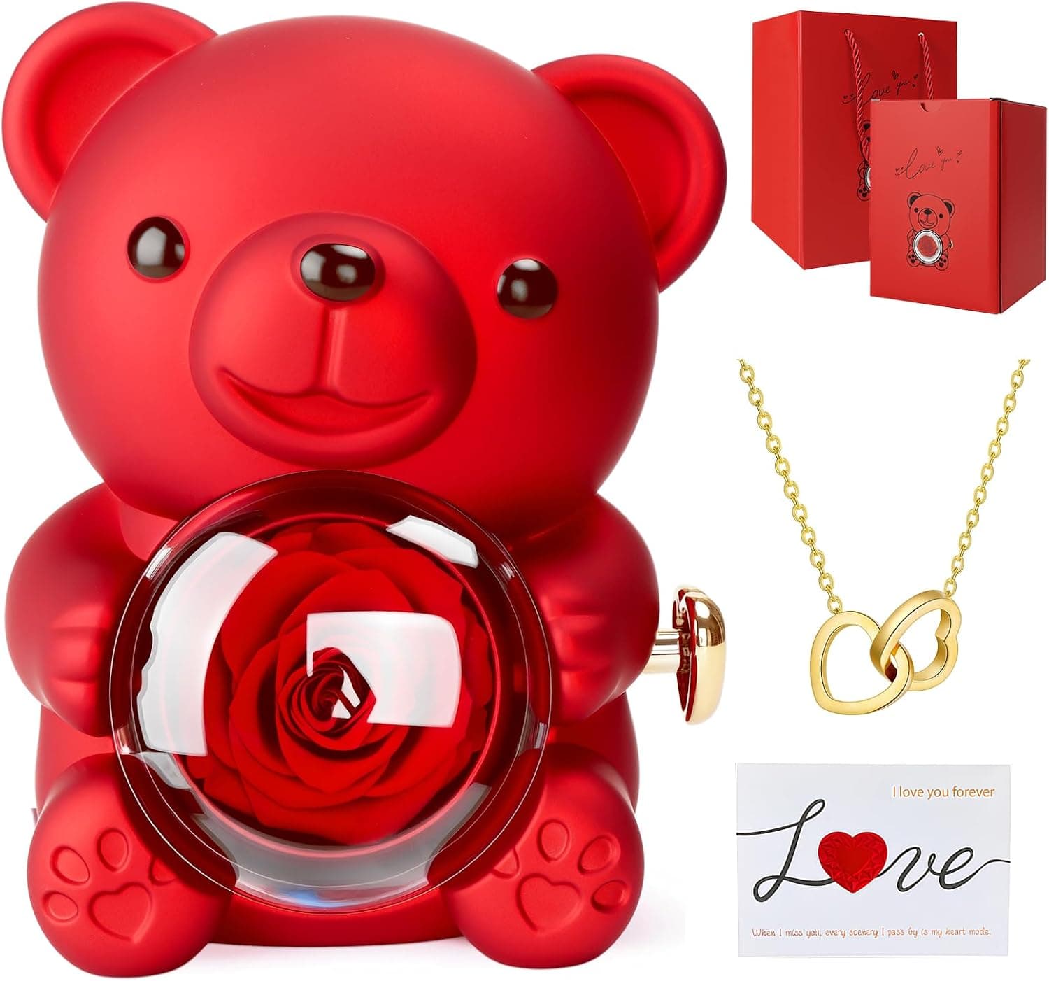 Oso con rosa eterna y collar, en caja de regalo
