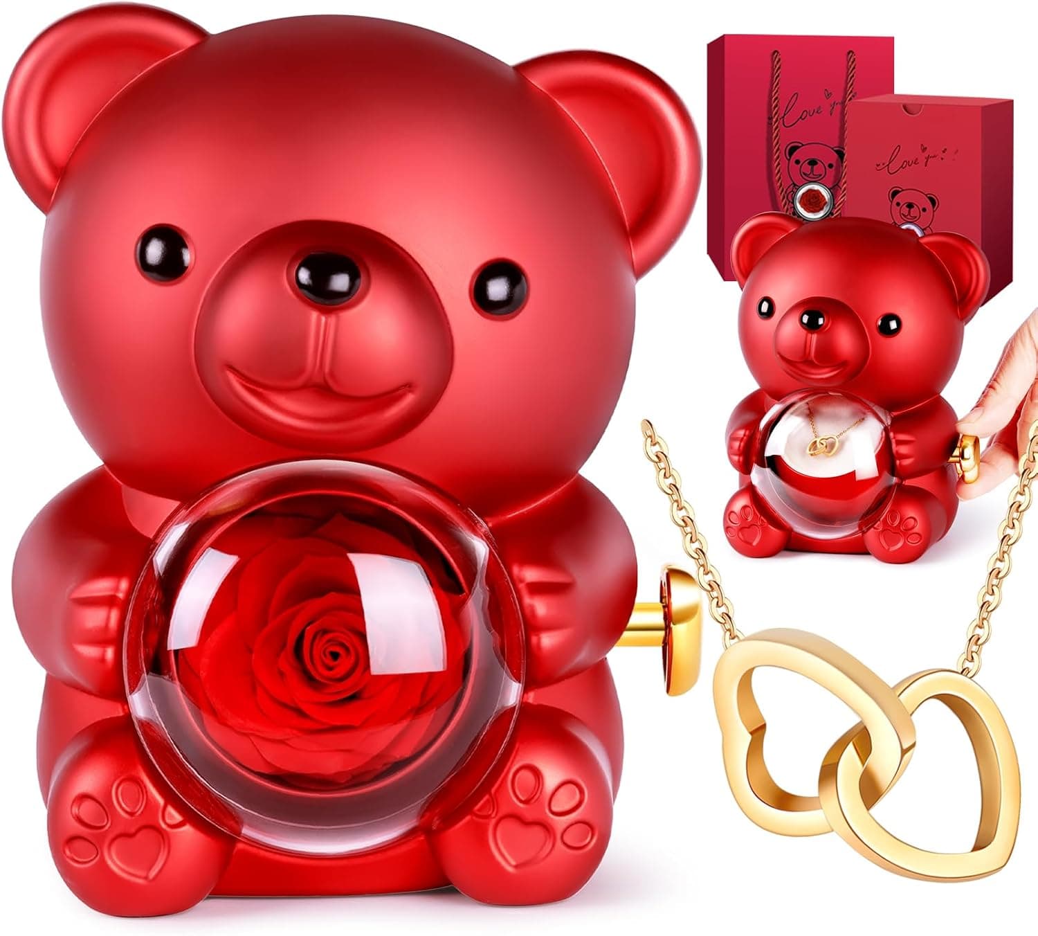 Oso con rosa eterna y collar, en rojo