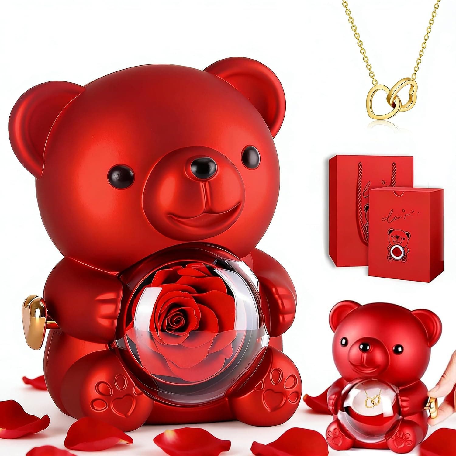 Osito de peluche con rosa preservada roja en el pecho