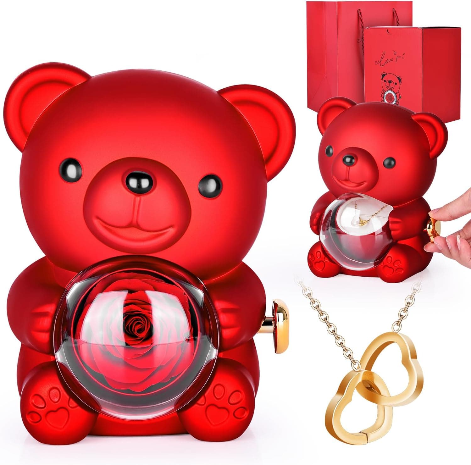 Oso con rosas eternas giratorias y collar
