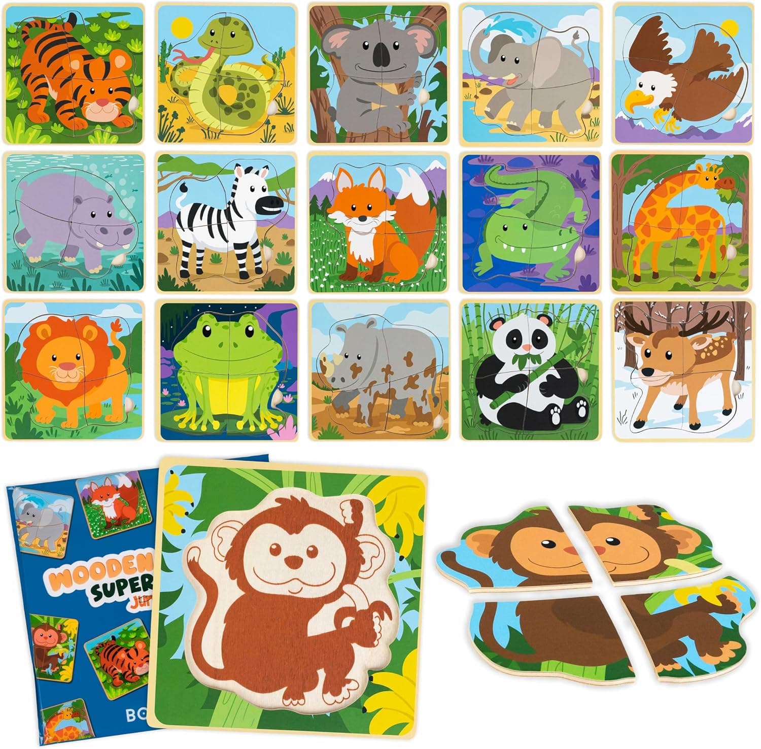 Dieciséis puzzles de madera de cuatro piezas con distintos animales, embolsados de forma individual