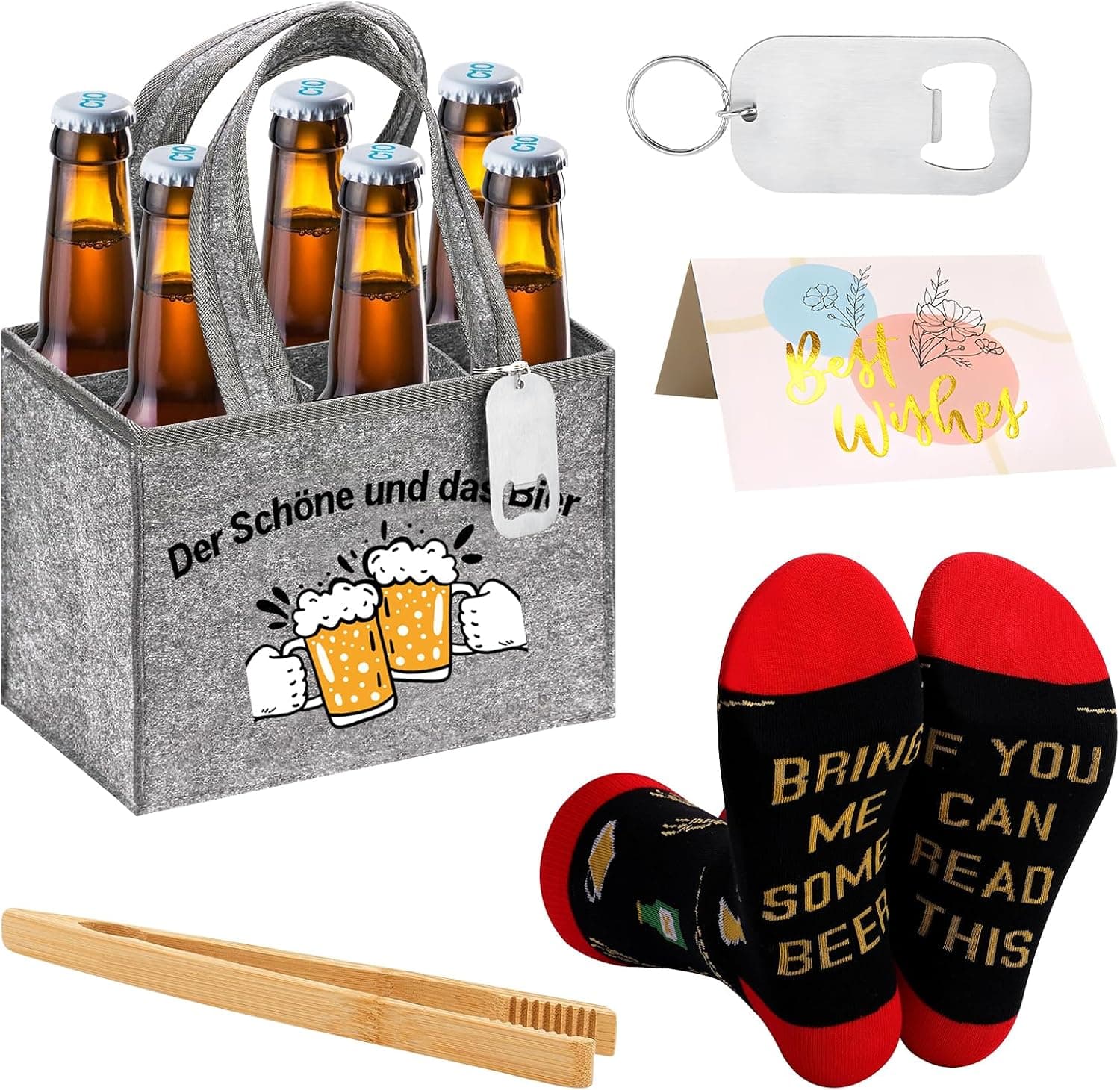 Pack de regalos de cerveza con bolso, calcetines y abridor
