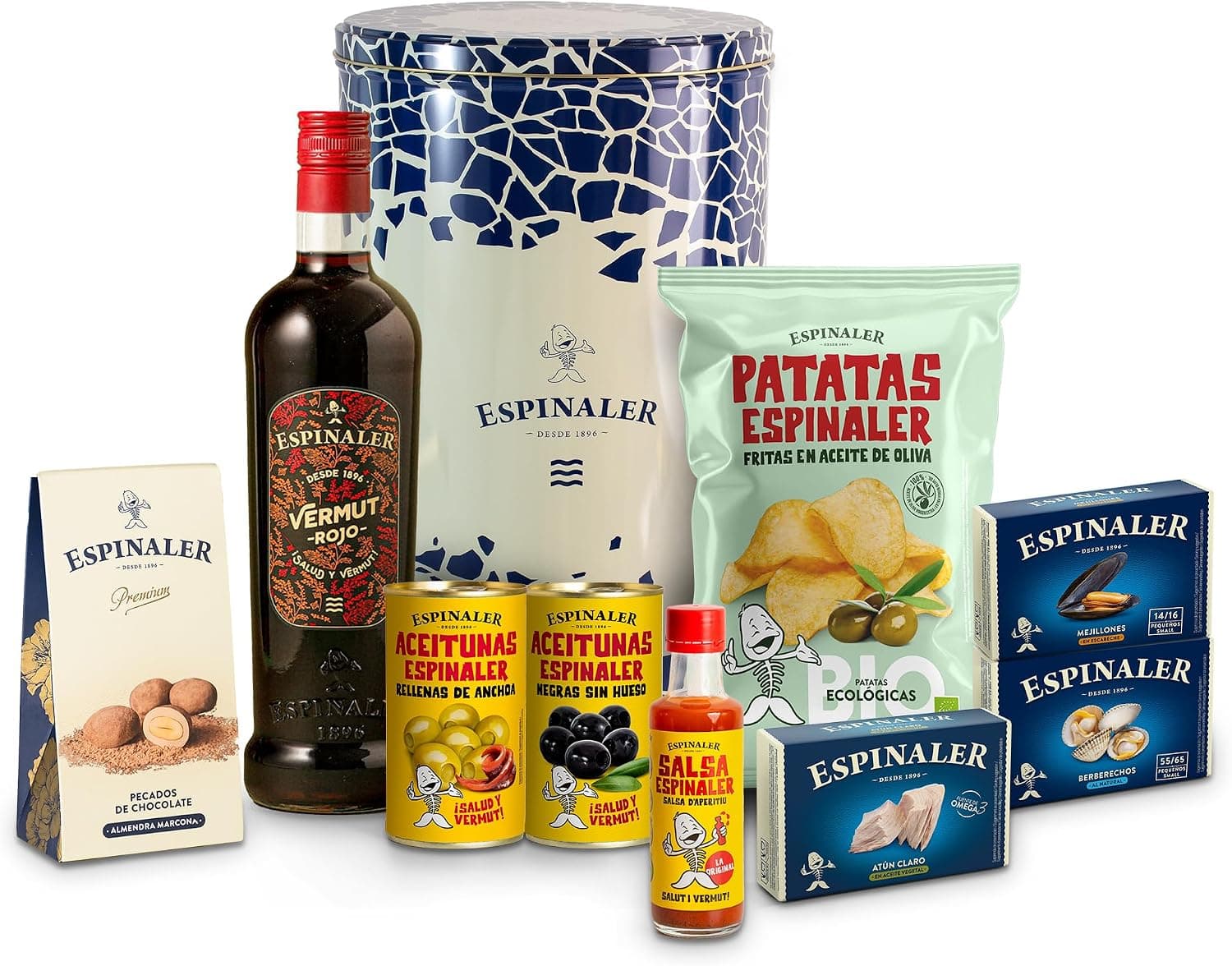 Caja metálica de Espinaler con el vermut, las latas de conservas, las patatas y las aceitunas