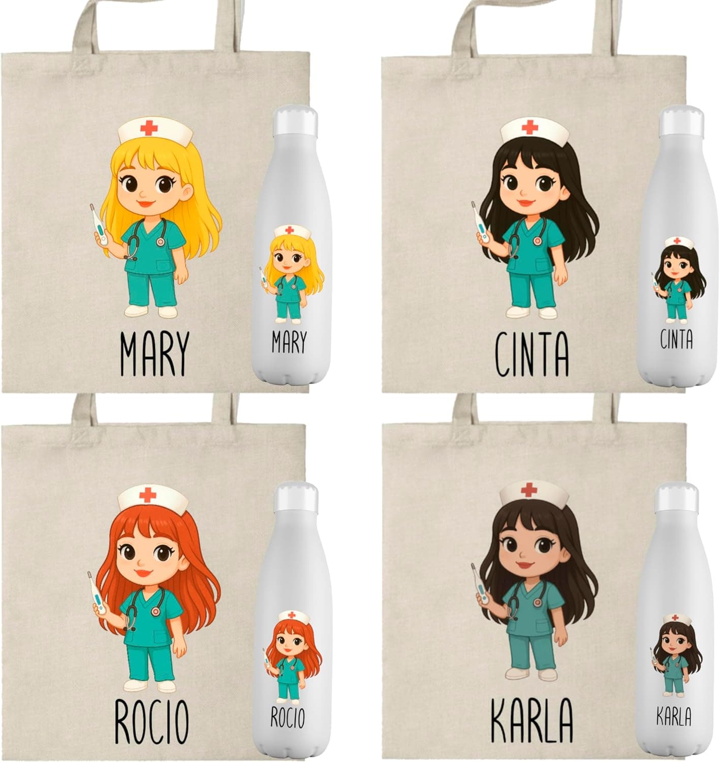 Pack de botella térmica y bolso tote personalizados con ilustración de enfermera