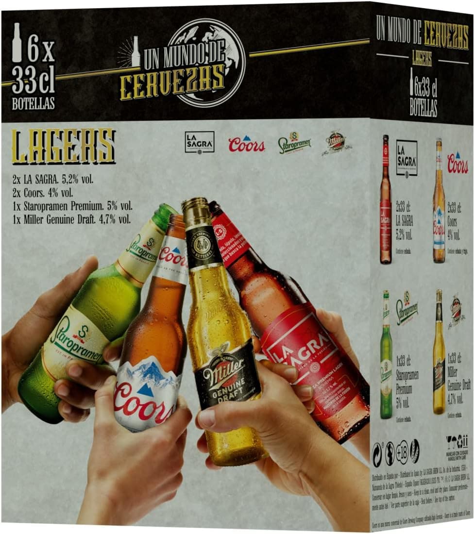Caja «Un mundo de cervezas» con seis botellas de La Sagra, Coors, Staropramen y Miller Genuine Draft, y un detalle de las cuatro marcas brindando