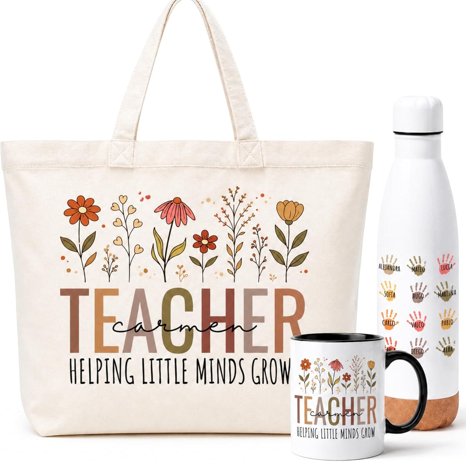 La bolsa tote, la botella de acero y la taza con el nombre de la profesora y las huellas de los alumnos impresas