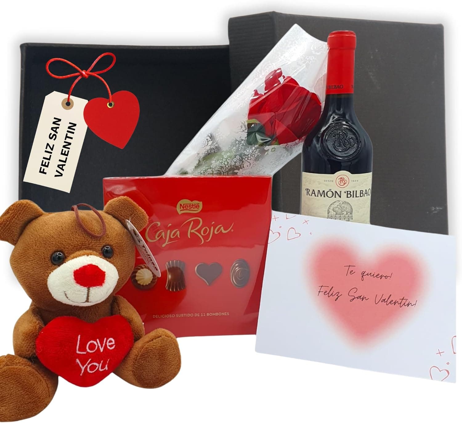 Pack de San Valentín con vino, bombones y osito de peluche