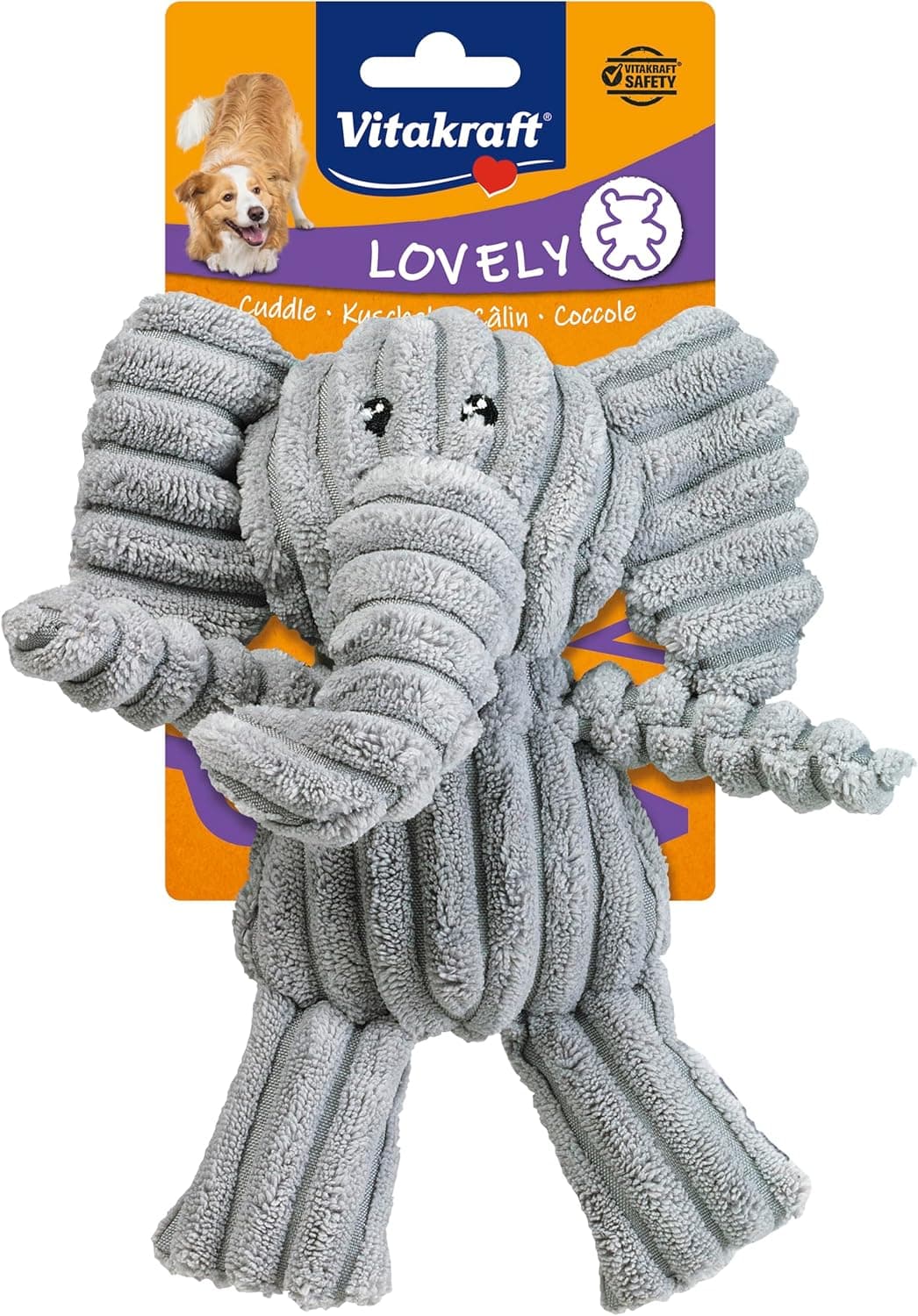 Peluche gris con forma de elefante, de tela acanalada y con nudos en las patas