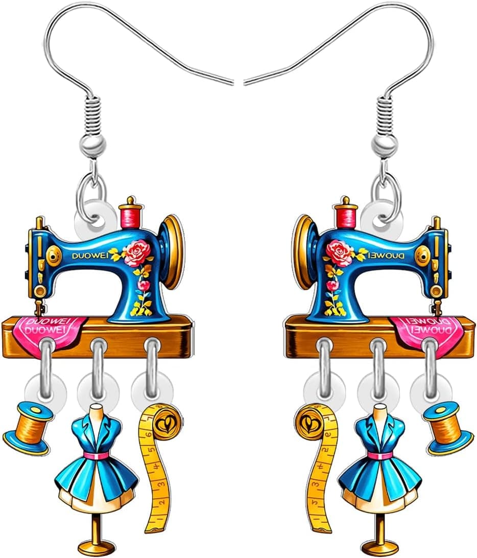 Pendientes colgantes de estilo vintage con máquina de coser y tijeras