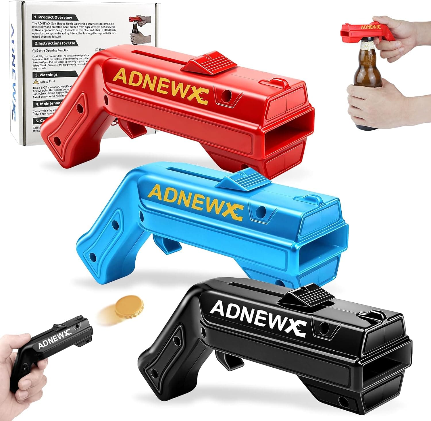 Set de tres pistolas abrebotellas de colores para cerveza