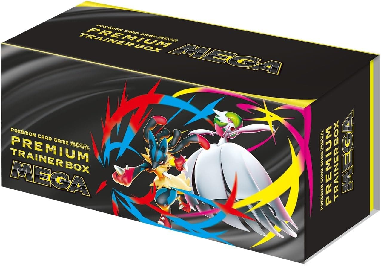 La Caja de Entrenador Mega Premium japonesa con los veinte sobres de expansión visibles
