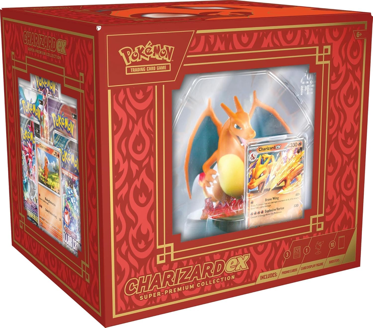 La caja de la Colección Súper Premium Charizard ex, con la figura de Charizard y la carta promocional visibles tras la ventana