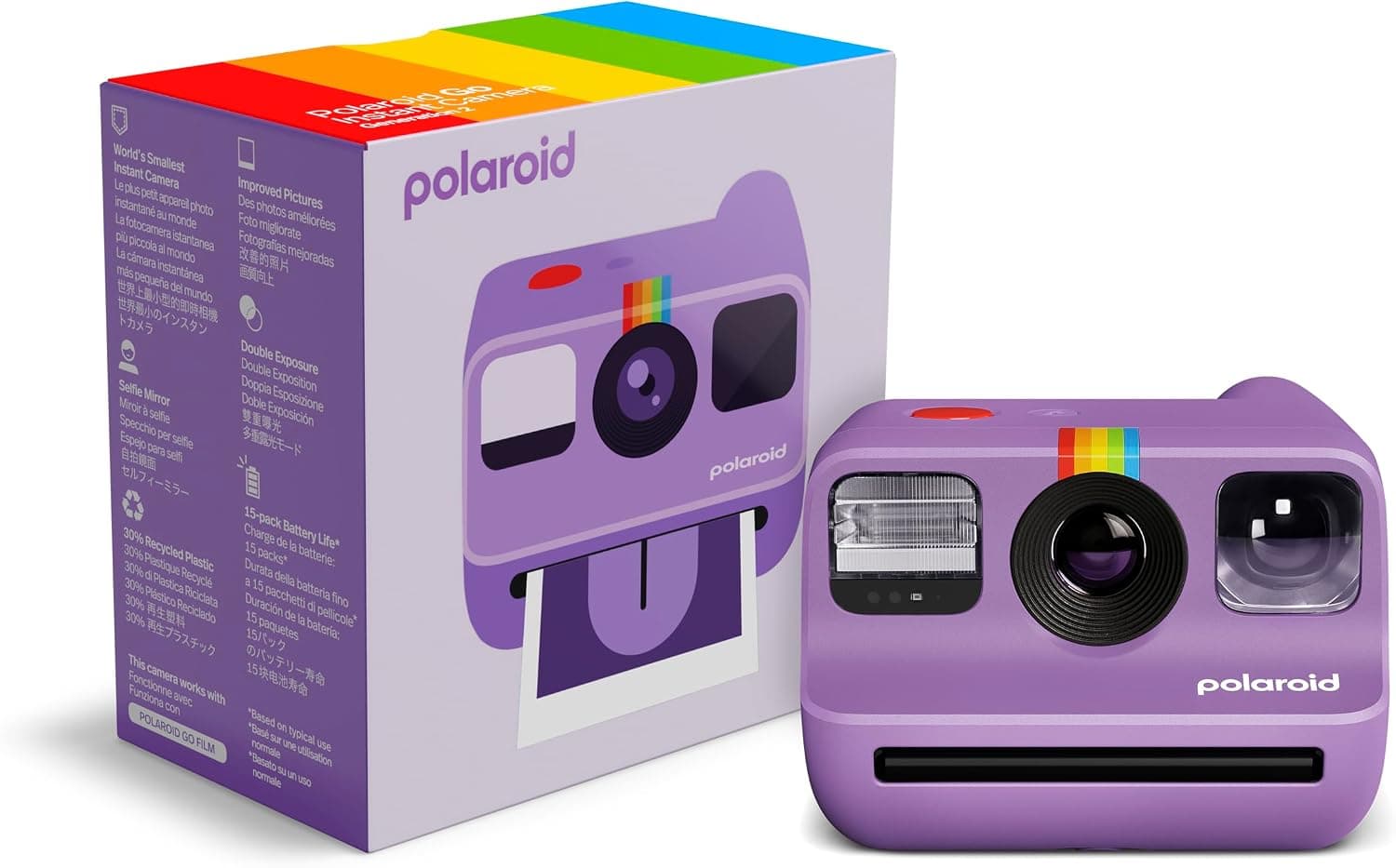 La Polaroid Go Generación 2 en color púrpura mostrando su reducido tamaño