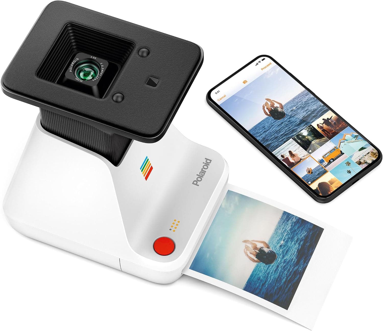 La Polaroid Lab en blanco con el móvil colocado encima para imprimir